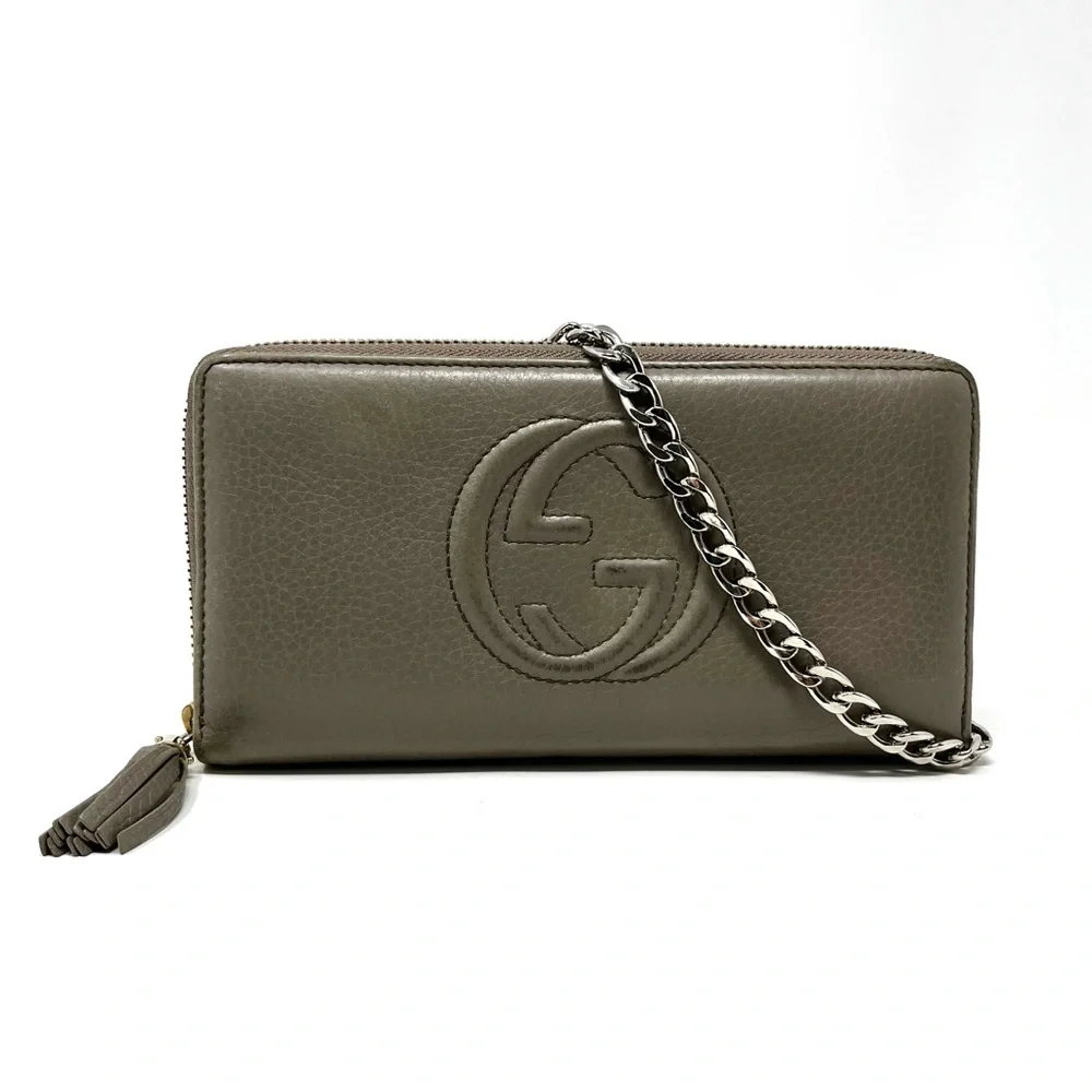 Authentic Gucci Gray Soho GG Logo Leather Zip Around Wallet On Chain Crossbody - Picture 9 of 9